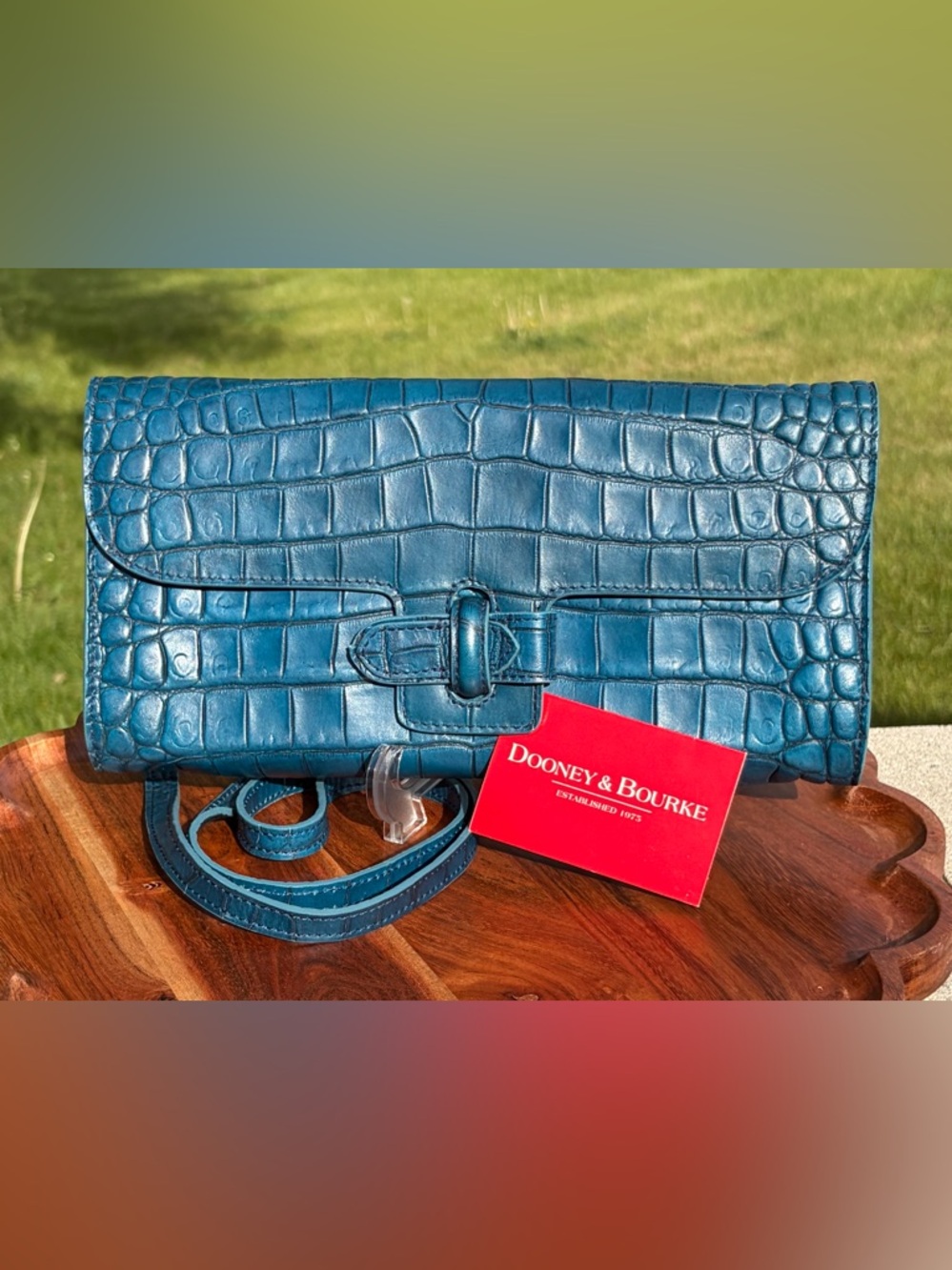Dooney & Bourke Tabbed Clutch Teal Croc Embossed Leather